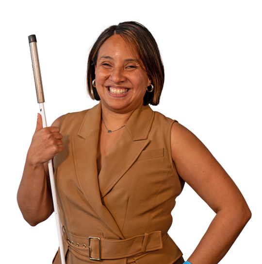 Evelyn, a member of the NFB of Virginia, smiles widely and holds her long white cane.